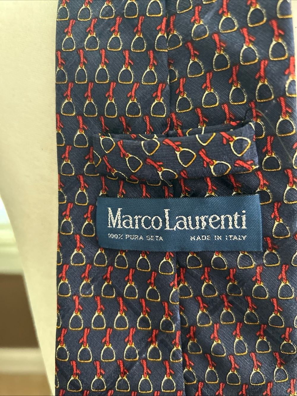 Marco Laurenti Navy Silk Tie with Red and Gold Stirrup Pattern